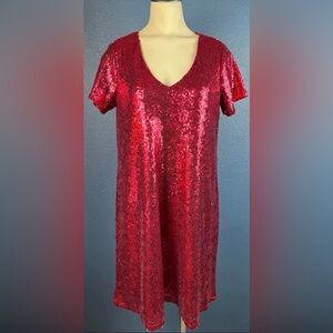 NWOT Melrose and Market Red Sequin Dress Short Sleeve V Neck Party
